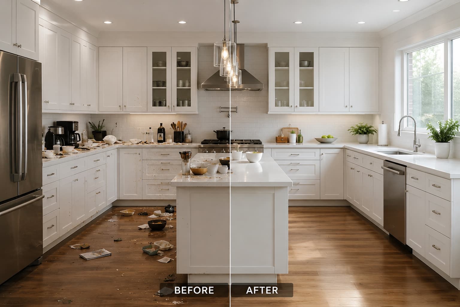 Before and after comparison of professional kitchen deep cleaning showing dramatic transformation