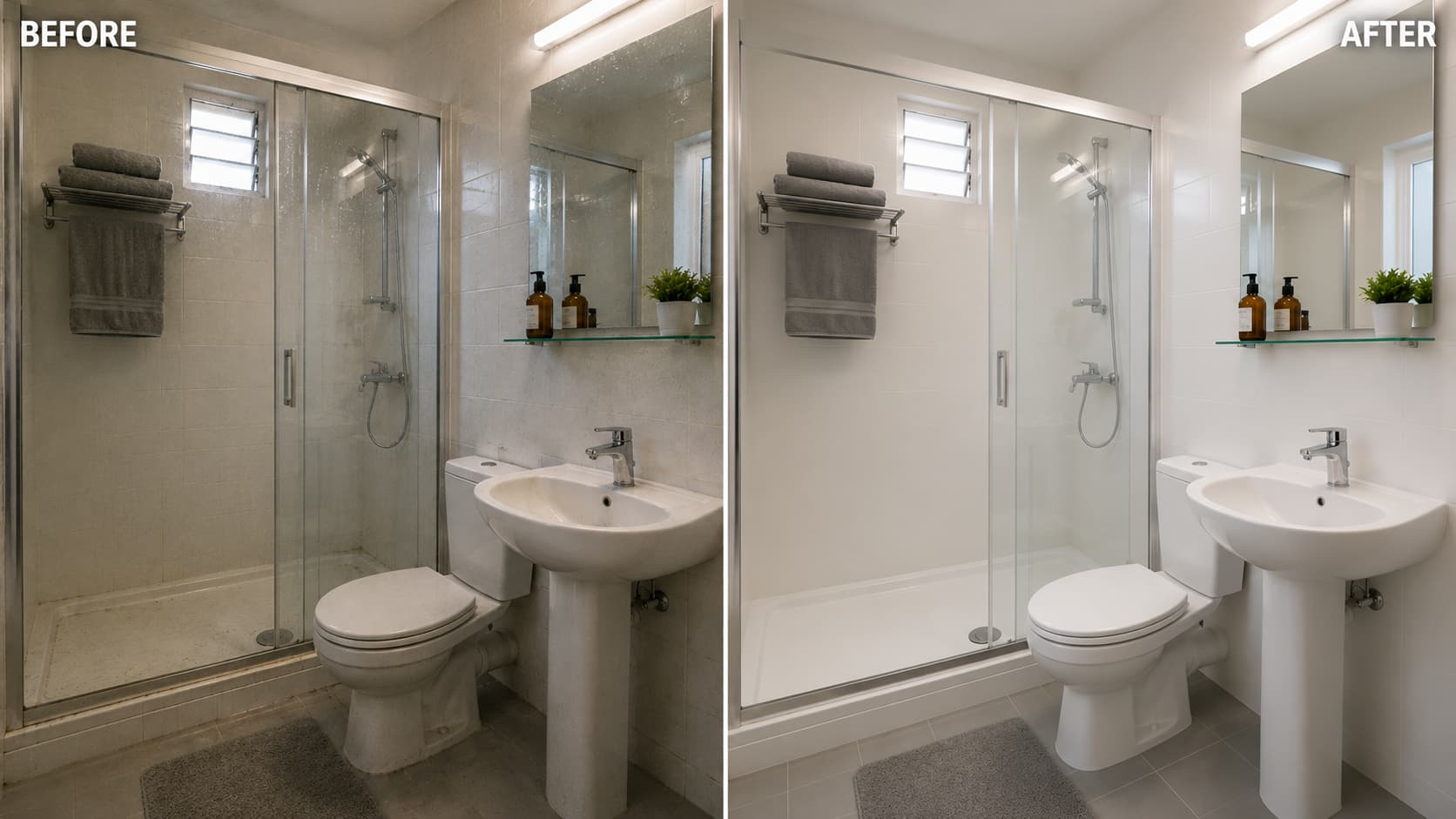 Before and after comparison of professional washroom deep cleaning